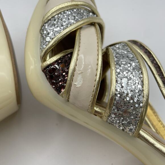 Kate Kuba Size 7 Glitter High Heels Silver Gold Open Toe 4 inch Women's Shoes - Picture 6 of 8